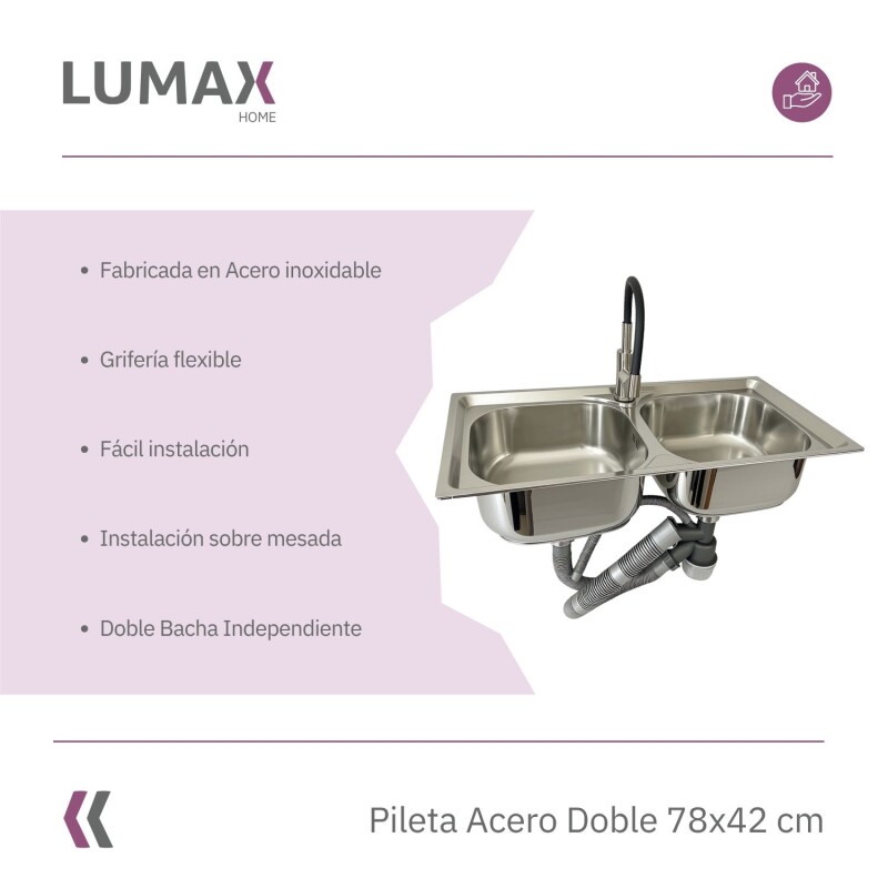 Pileta de cocina Lumax Acero Doble Bacha Monocomando 78x42 cm Negro