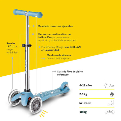 Monopatín Micro Maxi Glow LED Ajustable con 3 Ruedas AZUL