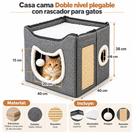 Casa Para Gatos Plegable Con Rascador Cama Y Pompón Gris