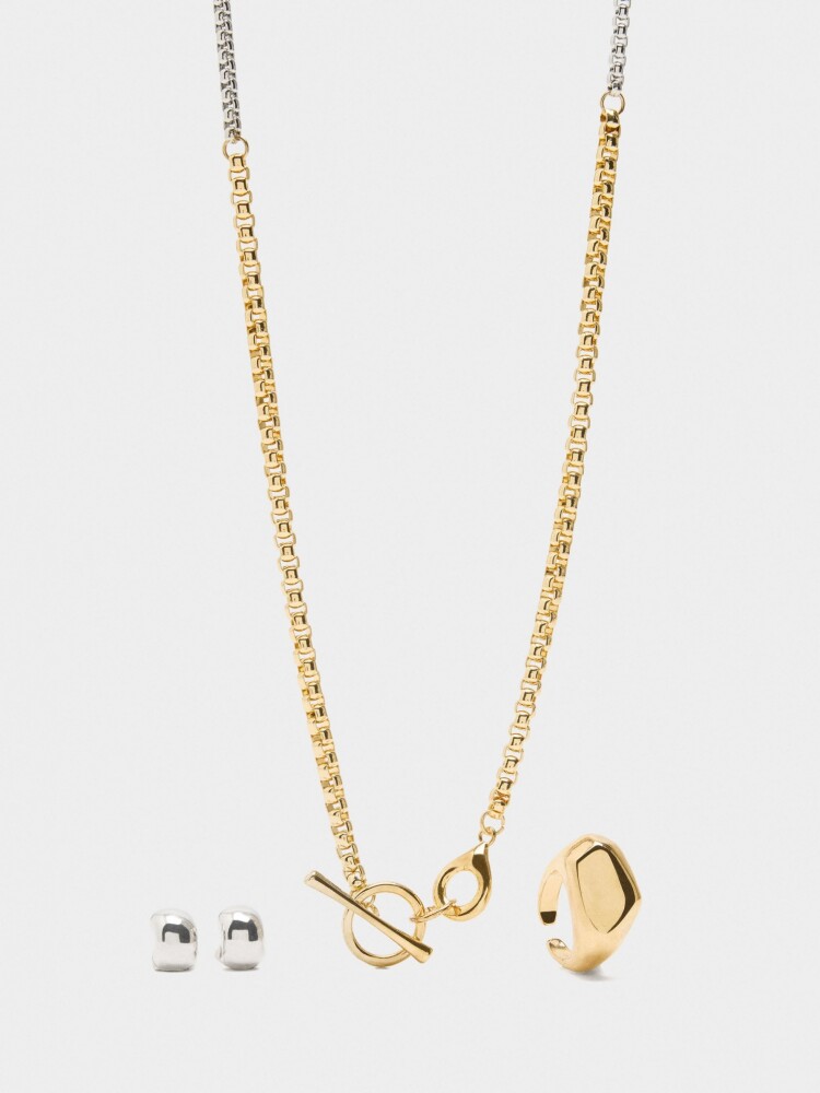 Set Bicolor De Collar + Pendientes + Anillo bicolor
