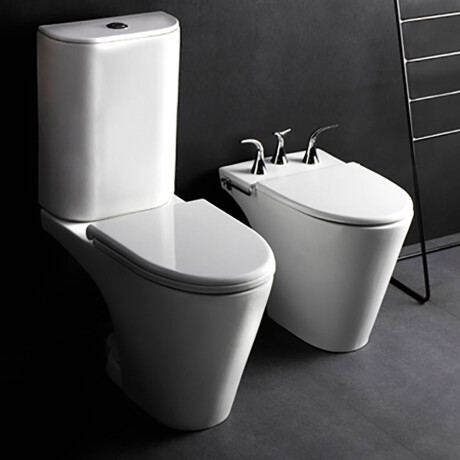 JUEGO DE LOZA BLANCO,INODORO DESCARGA A 25 CM, MOCHILA,TAPA Y BIDET PARA GRIFERIA BIMANDO LINEA MARINA MARCA FERRUM BLANCO