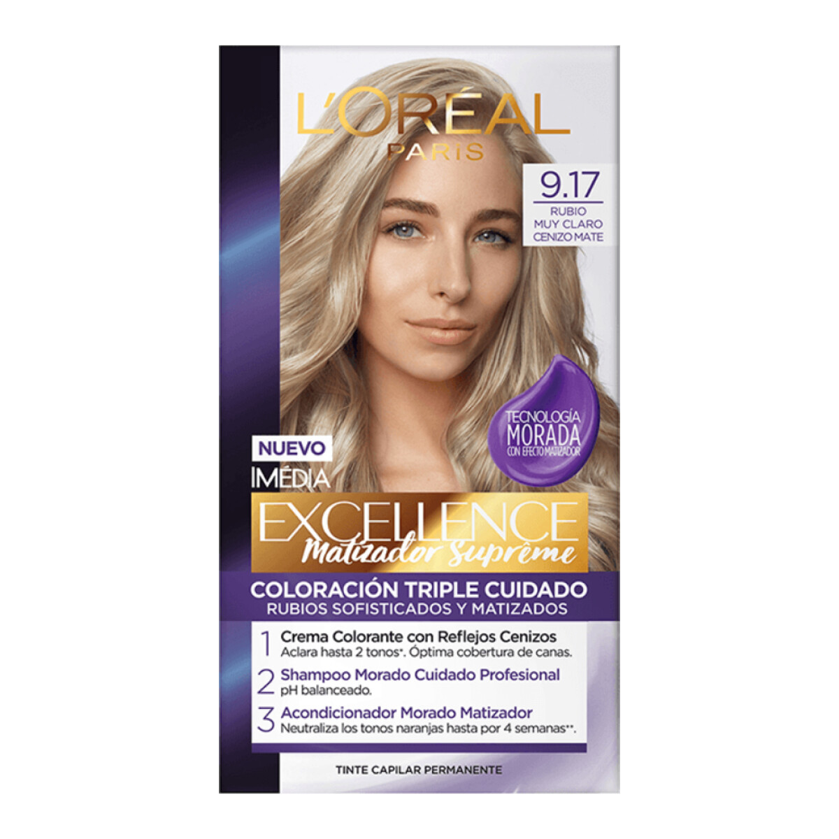 Tinta L'Oréal Paris Excellence Creme N°9.17 Rubio Muy Claro Cenizo 