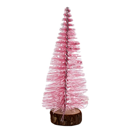 Arbol navideño de escritorio rosado con base de madera Arbol navideño de escritorio rosado con base de madera