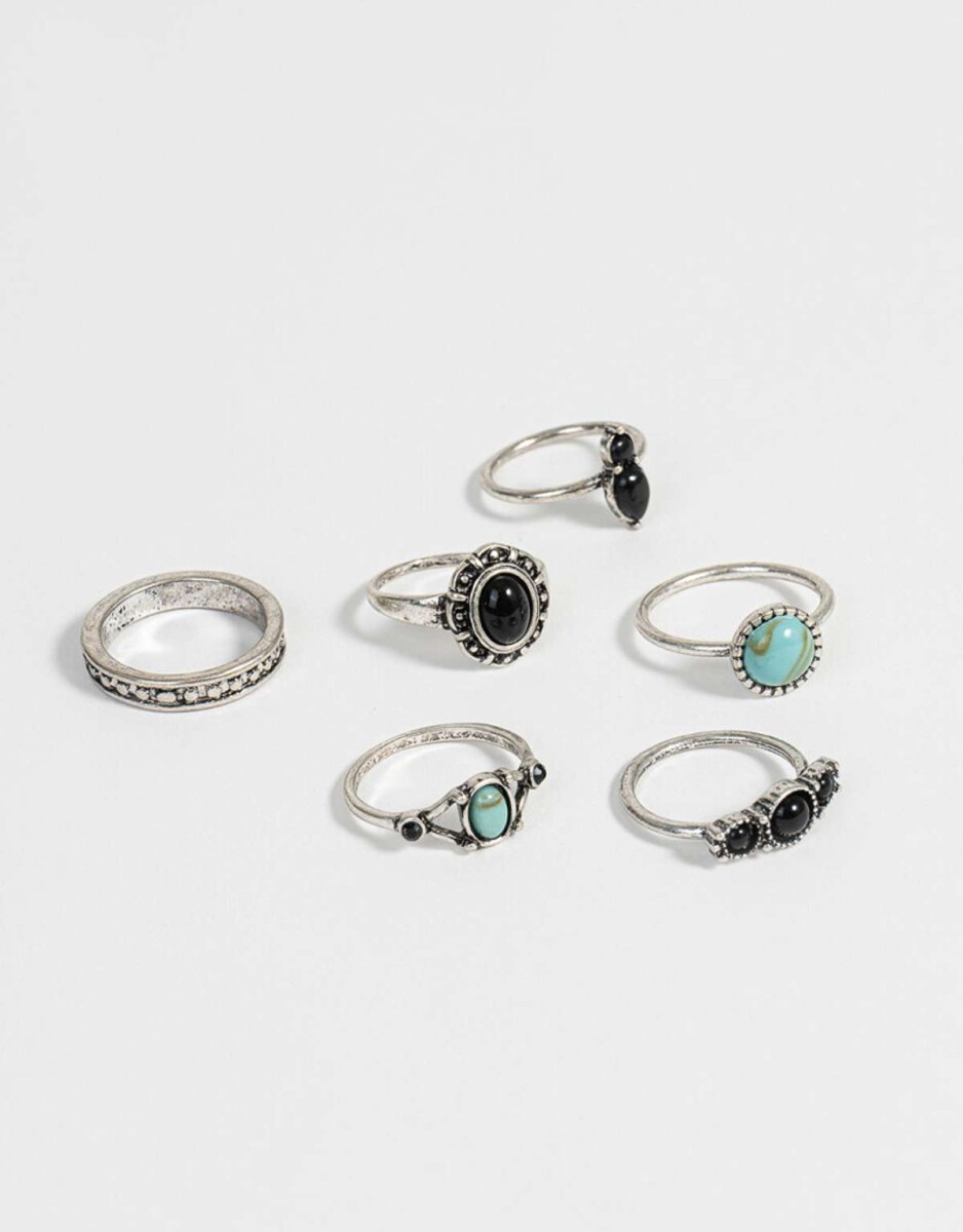 Set De Anillos Con Piedras - Plateado Antique Silver 