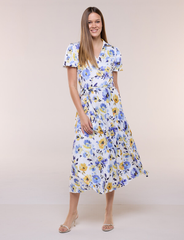 Vestido Midi Estampado Floral Con Lazo BLANCO/MULTI