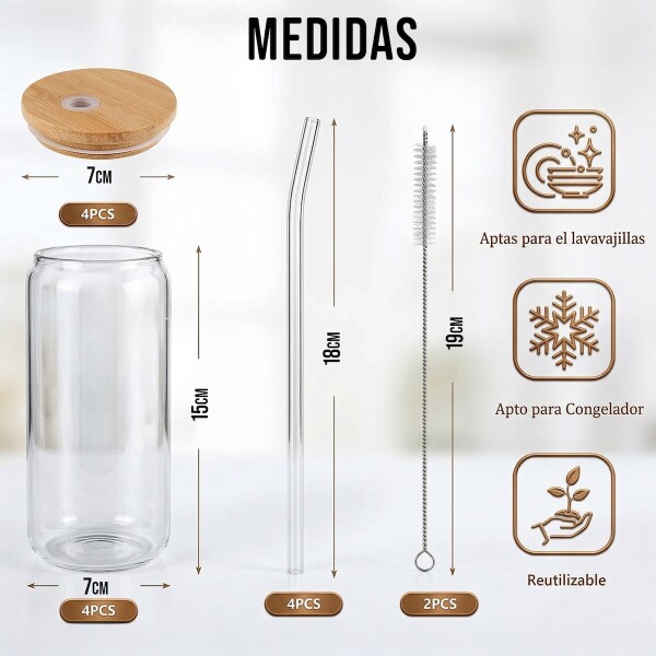 Set X4 Vasos De Vidrio Con Tapa Madera Bambu y Sorbetes 400ml IMBACK Set X4 Vasos De Vidrio Con Tapa Madera Bambu y Sorbetes 400ml IMBACK