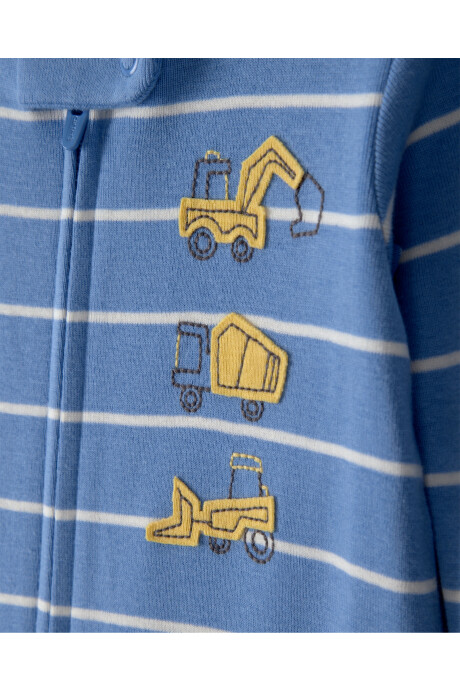 Pijama enterito de algodón con pie, azul, estampa camiones de construcción. Talles 2-5T Sin color