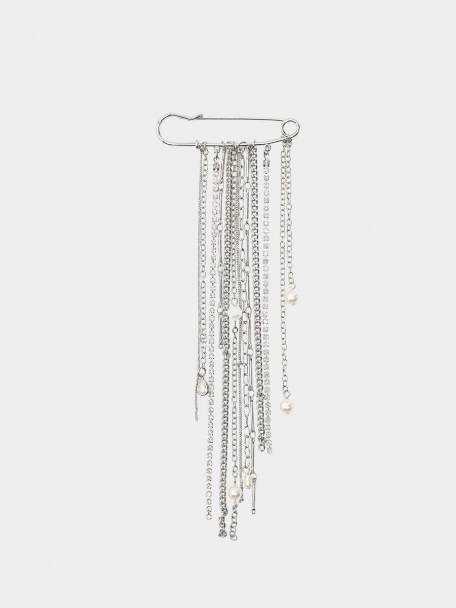 Broche Con Cadena Y Perlas plateado