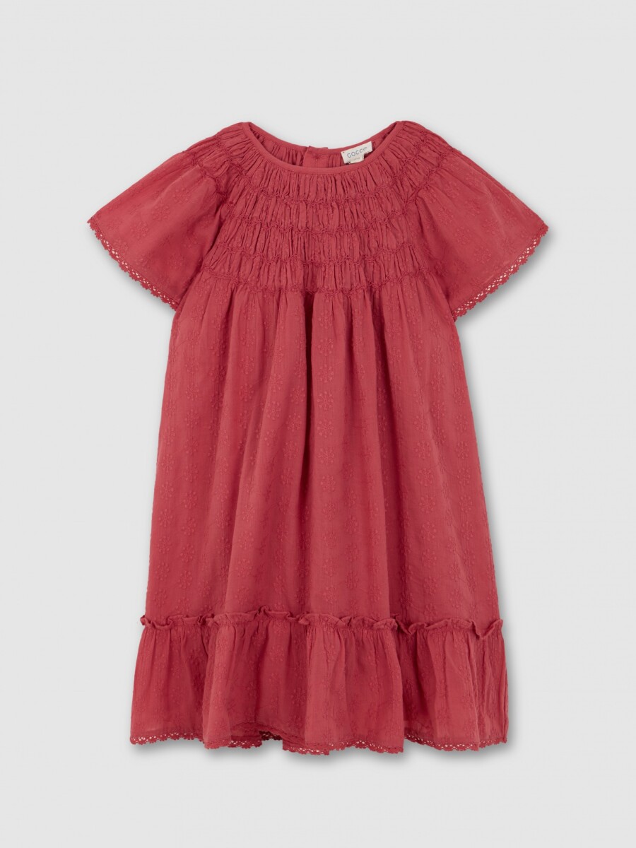 Vestido Nido De Abeja Con Tiras Bordadas Fucsia