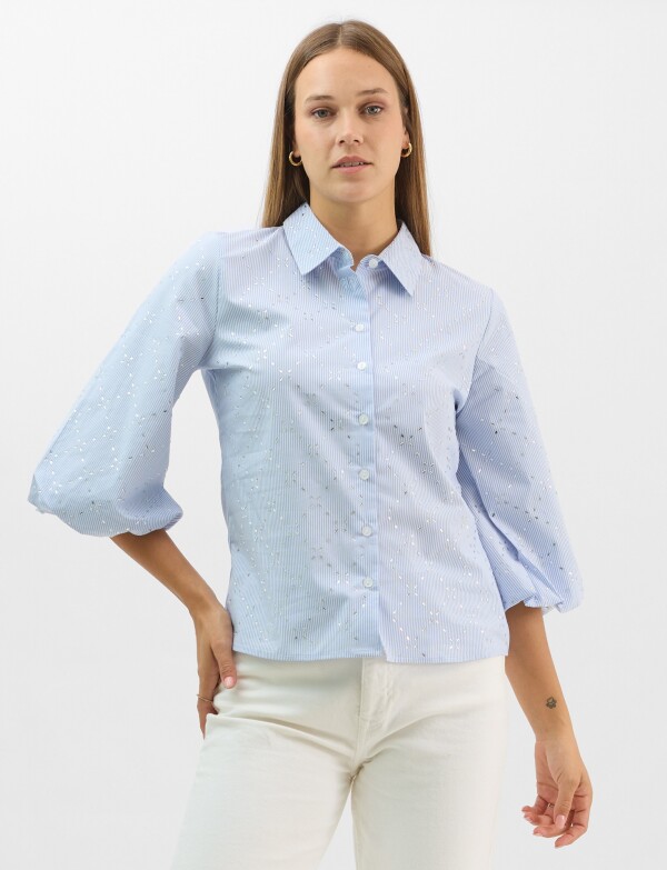 Camisa De Algodón A Rayas Con Detalles Metálicos CELESTE