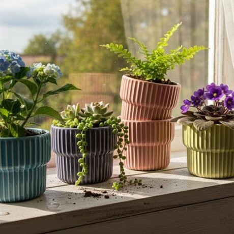 Maceta de cerámica con diseño acanalado – Colores pastel – Decoración para interiores y jardín Celeste