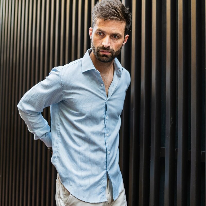 Camisa de lino Celeste con rayas
