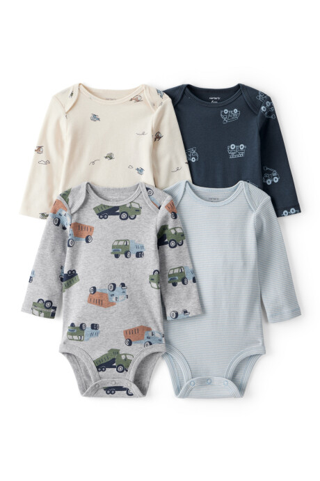 Pack cuatro bodies de algodón, diseño vehículos Pack cuatro bodies de algodón, diseño vehículos