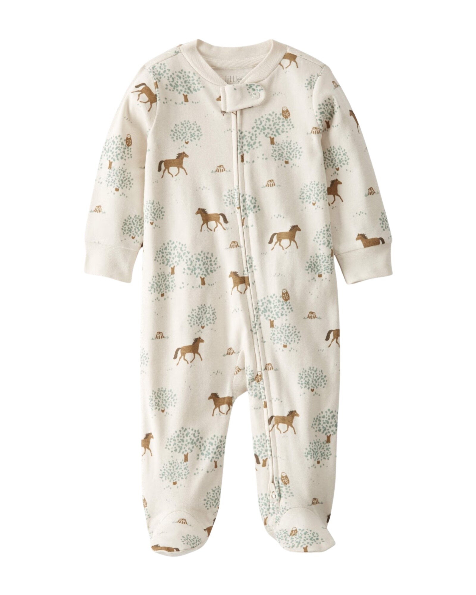 Pijama uno pieza de algodón orgánico, con pie, diseño caballos Sin color
