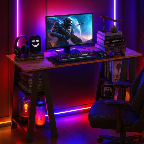 Escritorio Gamer Minimal con Caballete y Estantes – Diseño Nogal/Grafito Escritorio Gamer Minimal con Caballete y Estantes – Diseño Nogal/Grafito