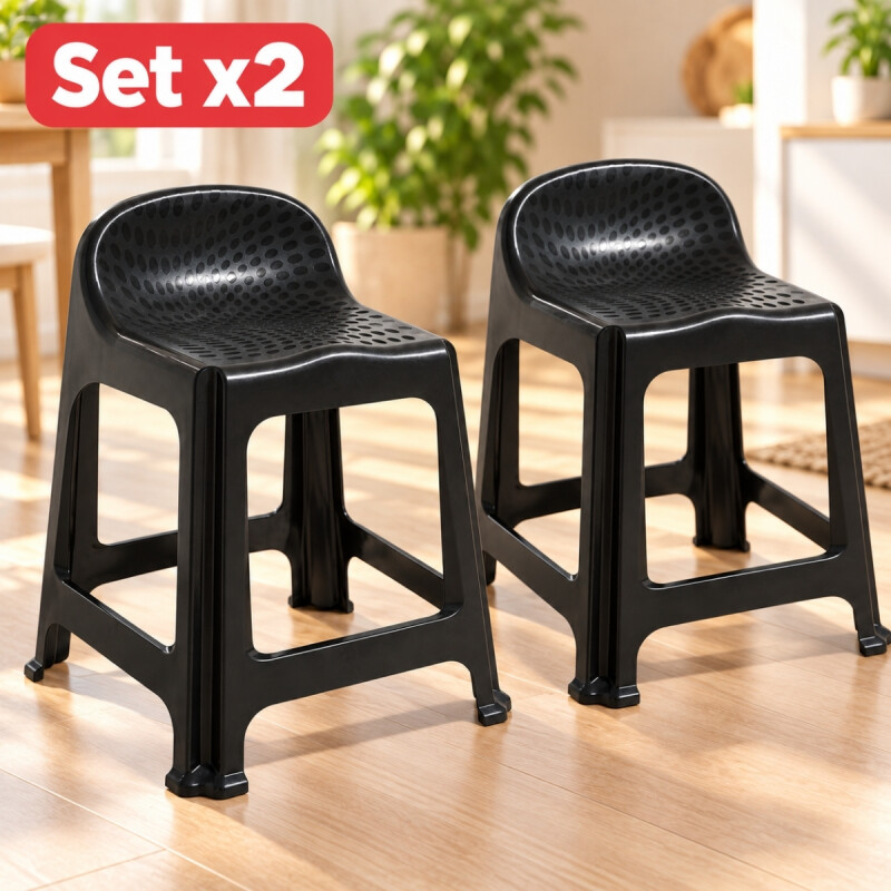 Set x2 Banqueta con respaldo apilable resistente NEGRO
