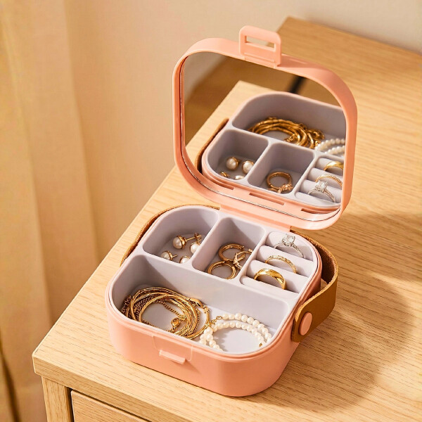 Mini Joyero Organizador Alhajero 9 X 9cm C/ Espejo Asa Rosa