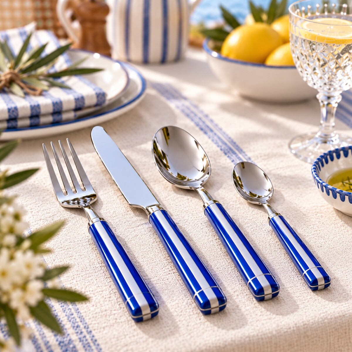 Set de Cubiertos Acero Inoxidable 24 Piezas Mango Rayas - Azul 