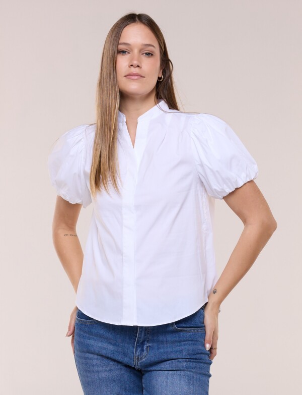 Camisa Poplín Manga Abullonada Y Cuello Mao BLANCO
