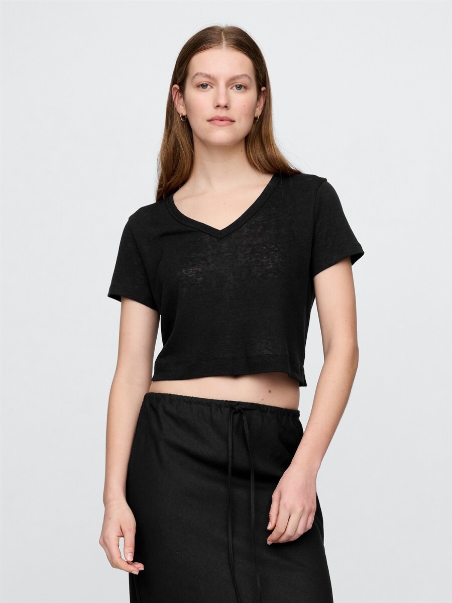 Remera Lino Crop Manga Corta Mujer - Black 