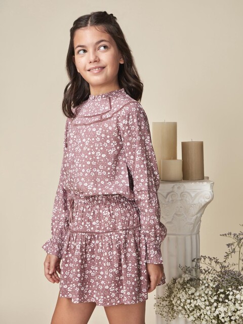 Falda Estampada Con Volante Purpura