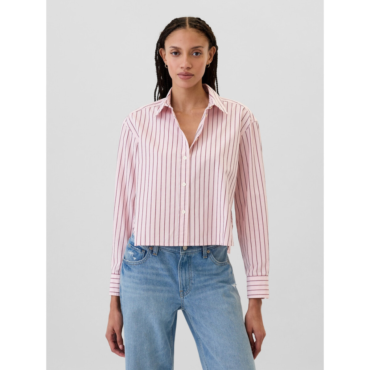 V-LS CROPPED POPLIN SHIRT - PINK STRIPE 