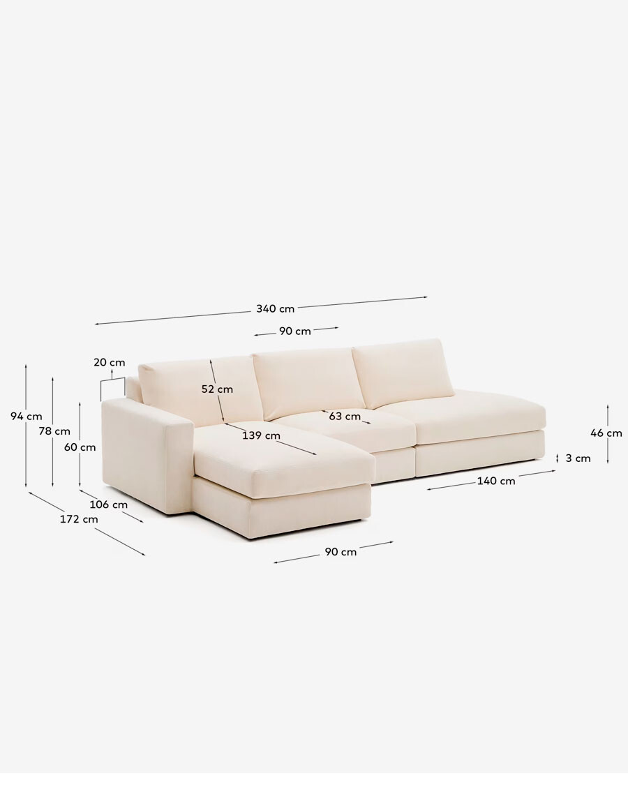 Sofá modular desenfundable Alea 5 plazas chenilla chaise longue izquierdo crudo 340 cm Sofá modular desenfundable Alea 5 plazas chenilla chaise longue izquierdo crudo 340 cm