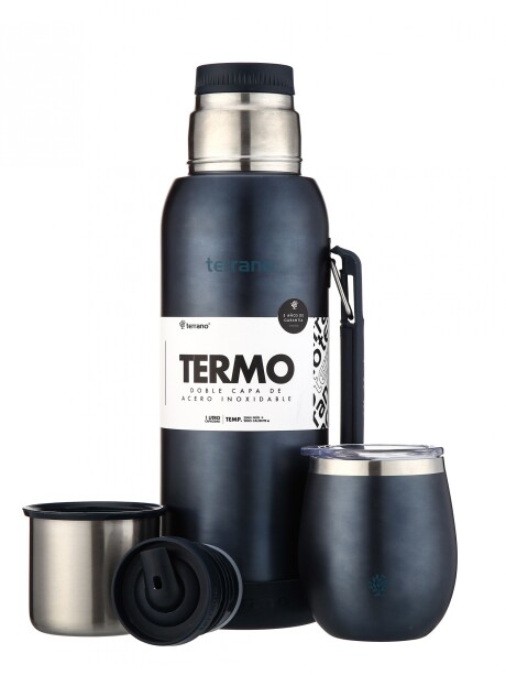 Kit Termo 1LT Con Base De Silicona + Mate De Acero Con Tapa Azul Metalizado
