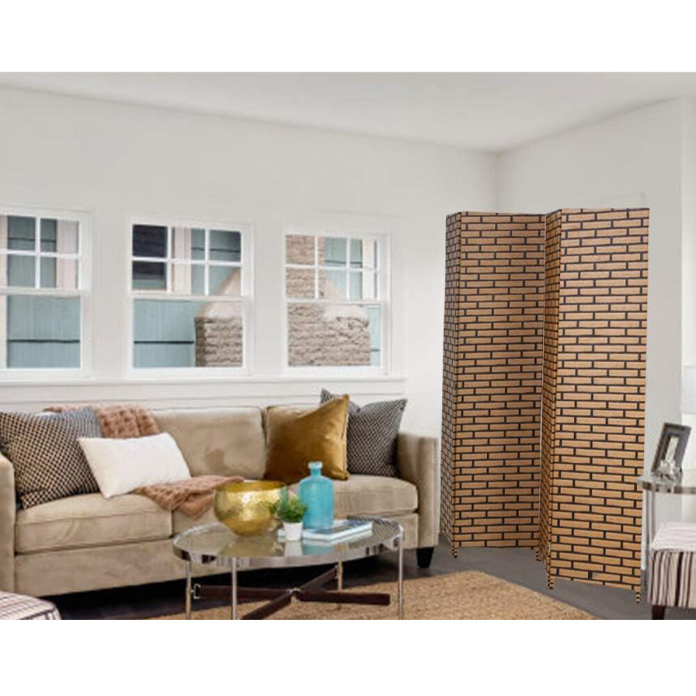 Biombo Boho Nhome 4 Paneles Madera Ratán Clásico Ladrillo