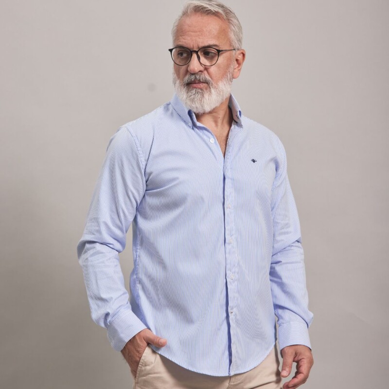 CAMISA OXFORD BLANCO RAYA CELESTE