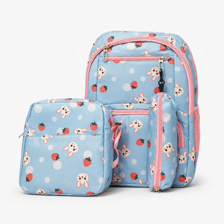 Set Mochila 3 Piezas Diseño Frutillitas Escolar Resistente Celeste