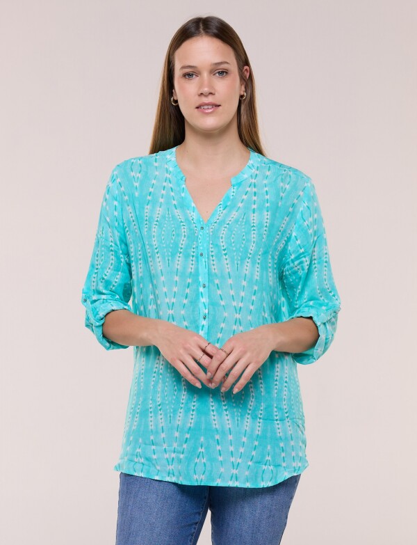 Blusa Estampada Con Escote En V Y Botones VERDE AGUA