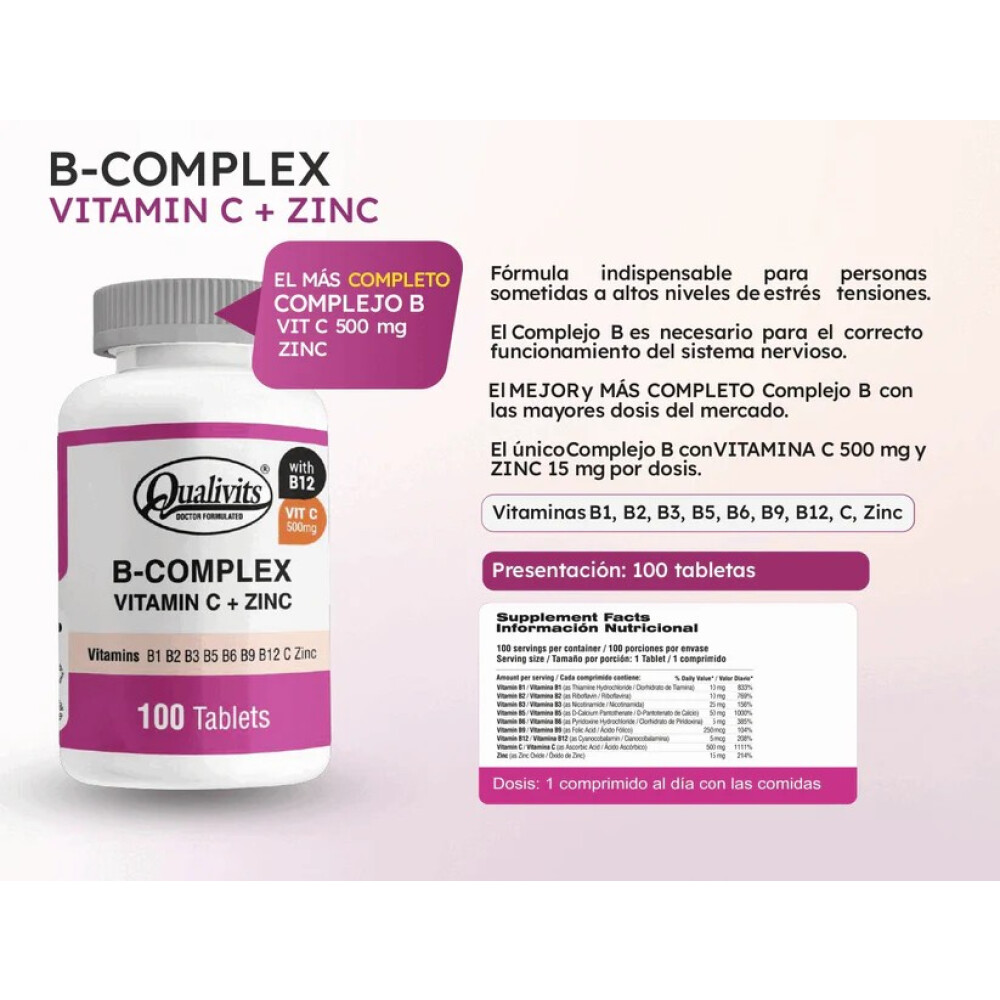 B-Complex + Vitamina C + Zinc | 60 Cápsulas - Qualivits B-Complex + Vitamina C + Zinc | 60 Cápsulas - Qualivits