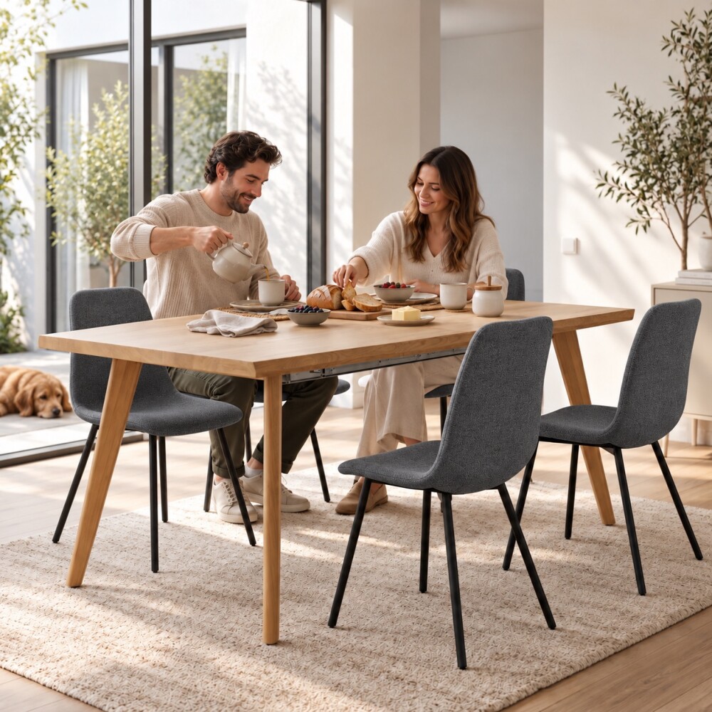 JUEGO DE COMEDOR MESA RECTANGULAR EXTENSIBLE MADERA + 4 SILLAS TAPIZADAS GRIS