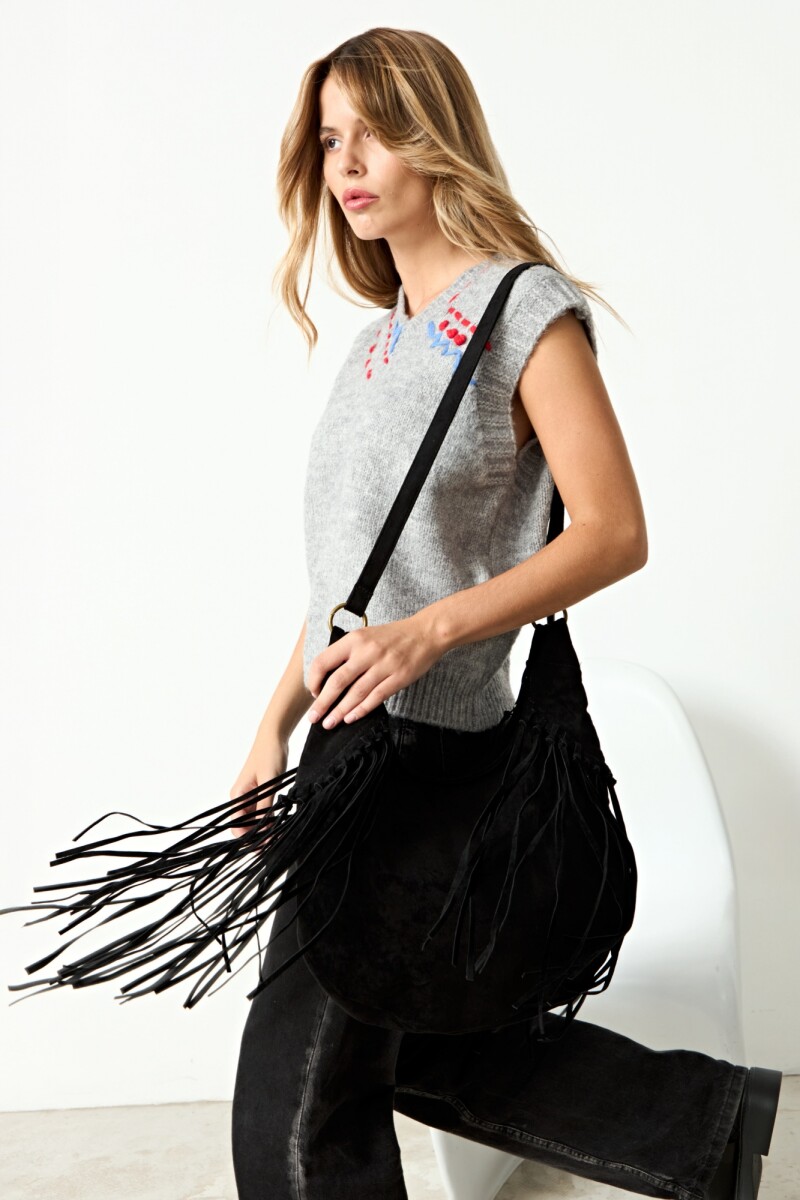 Cartera bandolera suede con flecos - negro 