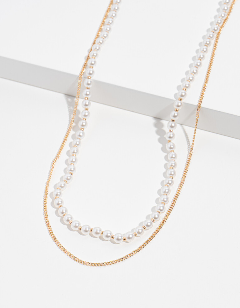 Collares Cortos Perla Collar Doble Con Perlas - Dorado