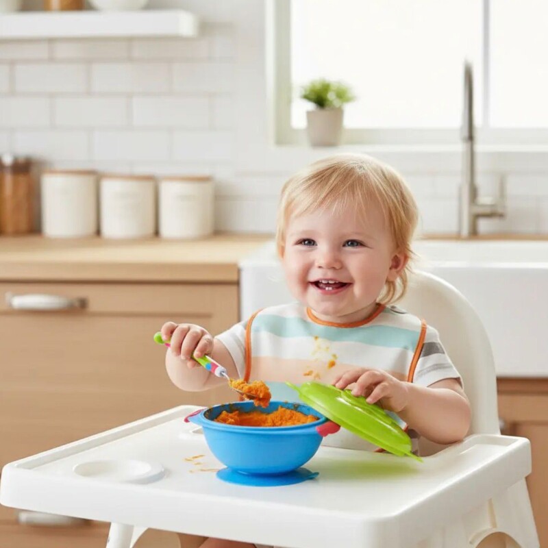 Plato con Ventosa Antidesliznate y Tapa Protectora Celeste