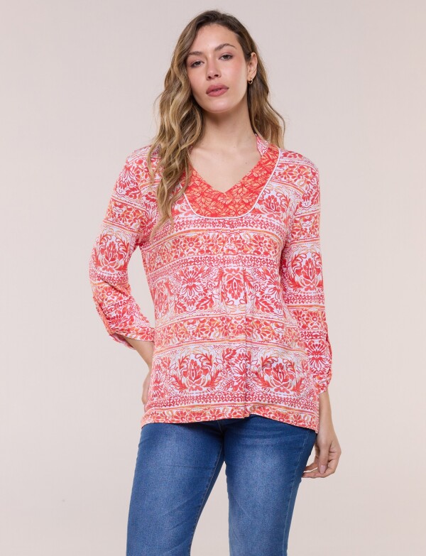 Remera Estampada Manga 3/4 Roll-up CORAL/MULTI