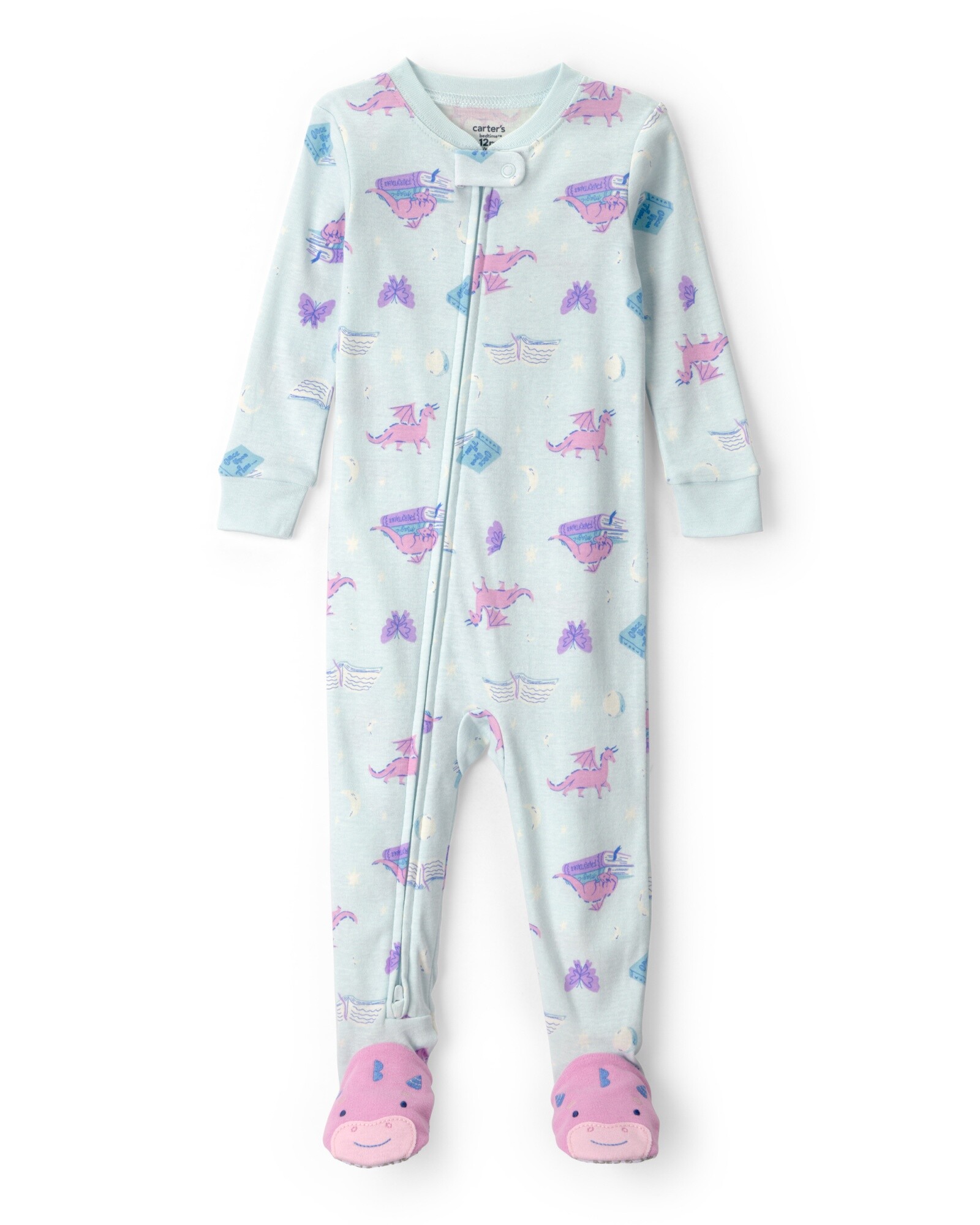 Pijama enterito de algodón con pie, azul, diseño dragones. Talles 2-5T Sin color