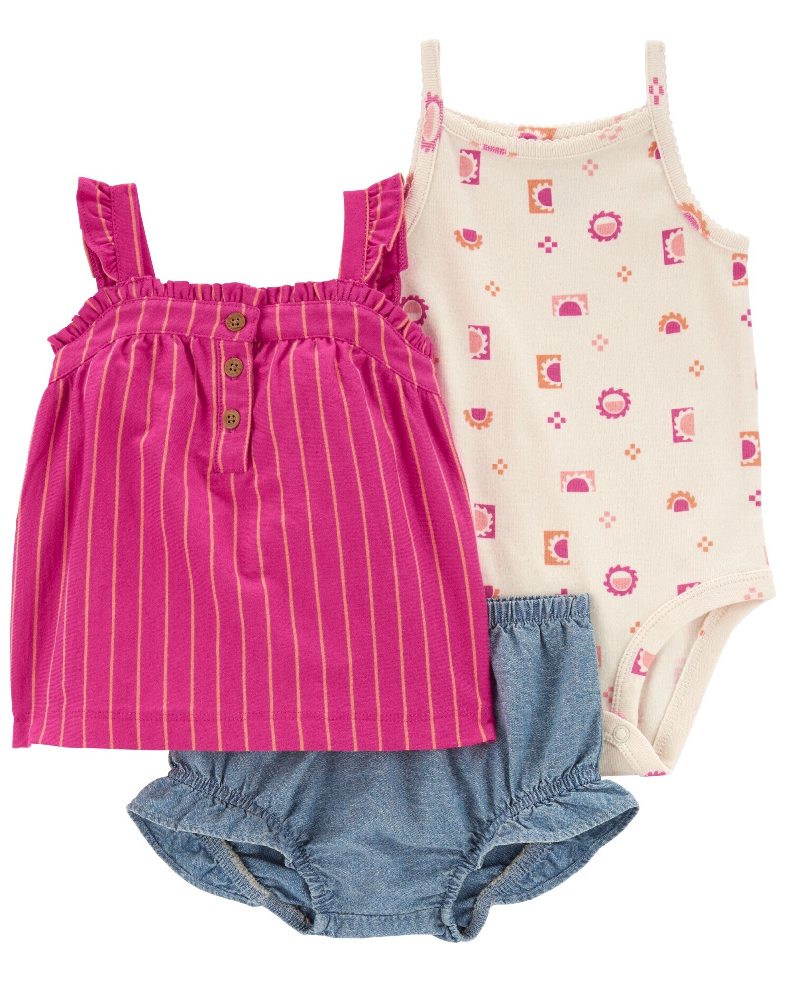 Set tres piezas, short chambray, musculosa y body de algodón Sin color