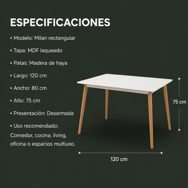 Mesa Comedor ComboHome Milan Rectangular Laqueada 120 x 80 Blanco 1