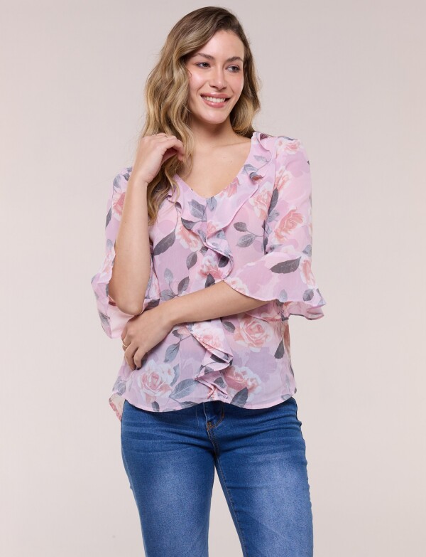 Blusa Con Escote En V Y Volados En Cascada ROSA/MULTI