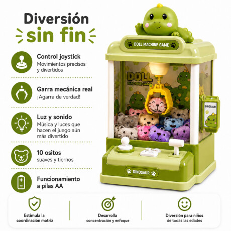 Mini Máquina Atrapa Peluches Dinosaurio Luz/Sonidos Pilas AA Verde