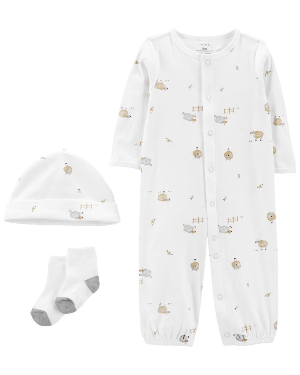 Pijama convertidor de algodón con medias y gorro, diseño ovejitas 
