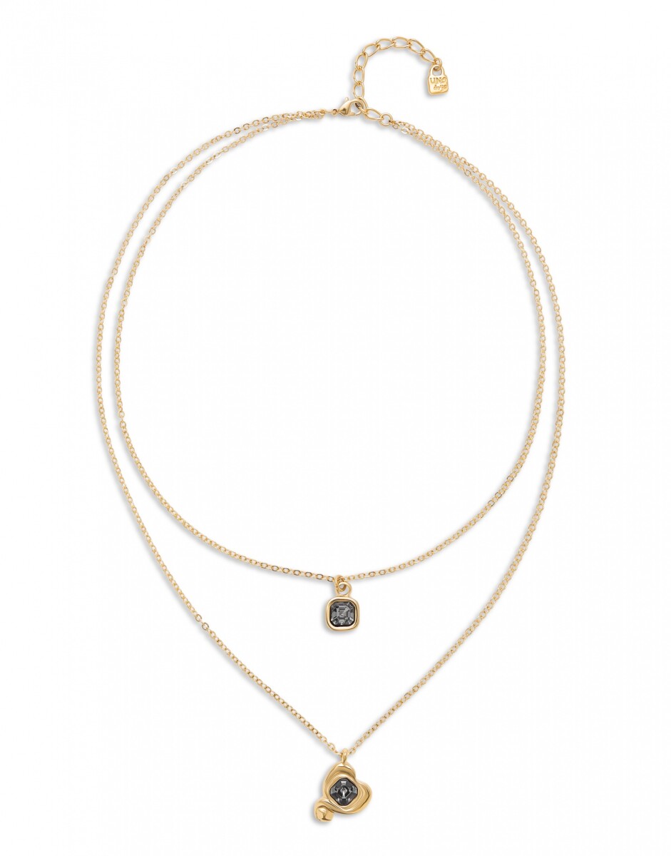 COLGANTE DE ALEACION DE METALES BAÑADO EN ORO 18K CON DOBLE CADENA Y CORAZON CON CRISTAL NEGRO - Colgante 