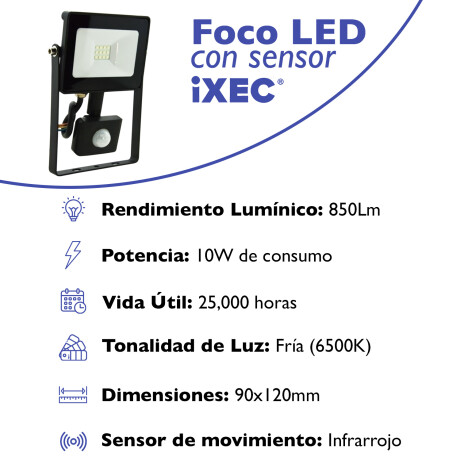 Foco LED Proyector con Sensor de Movimiento IXEC 10W 6500K 850Lm IP65 Foco LED Proyector con Sensor de Movimiento IXEC 10W 6500K 850Lm IP65