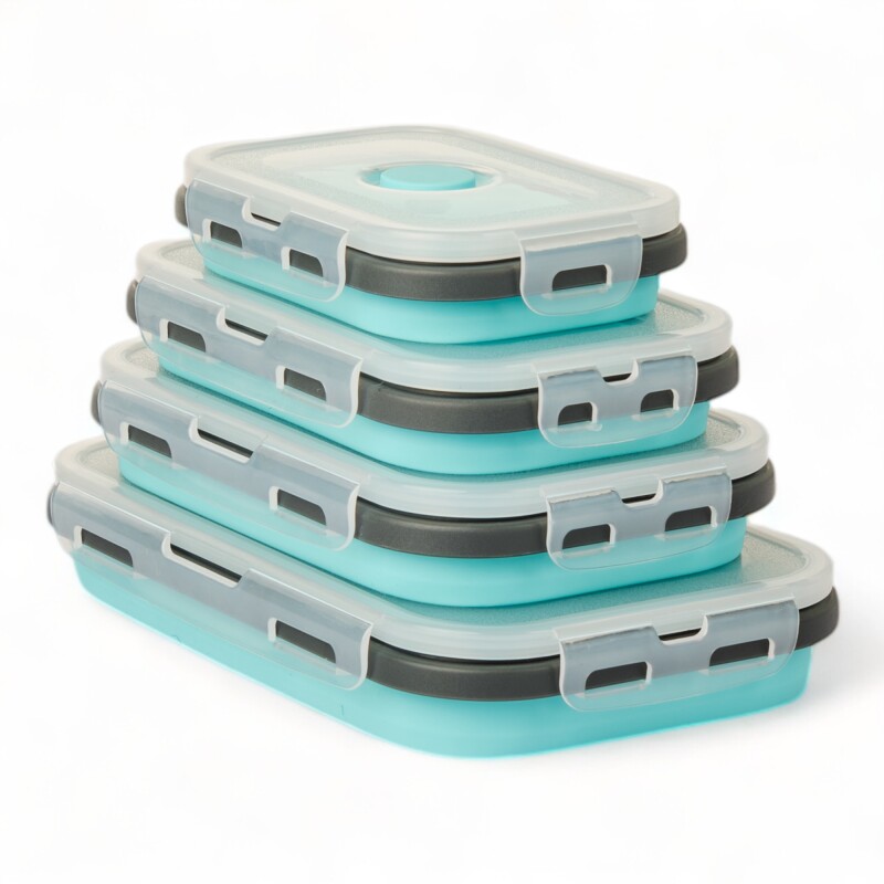 Set X4 Taper Contenedor Silicona Plegables Tapa Plastico Hermetica Celeste