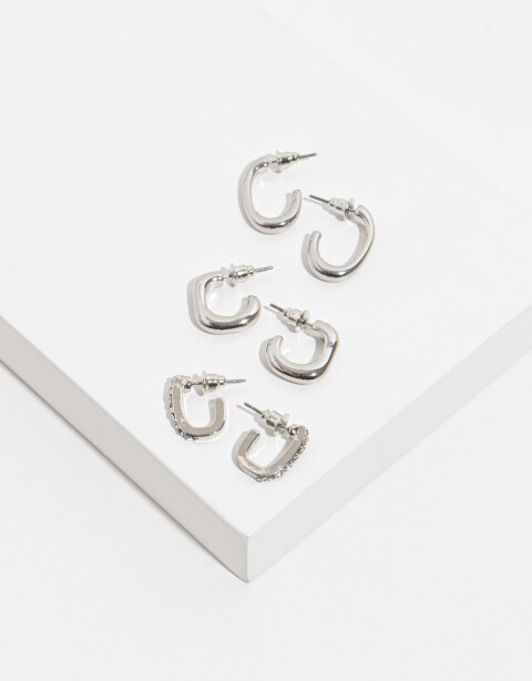 Aros Argollas Set Strass Aros Argollas Set Metal Con Detalle De Strass - Plateado Rodio