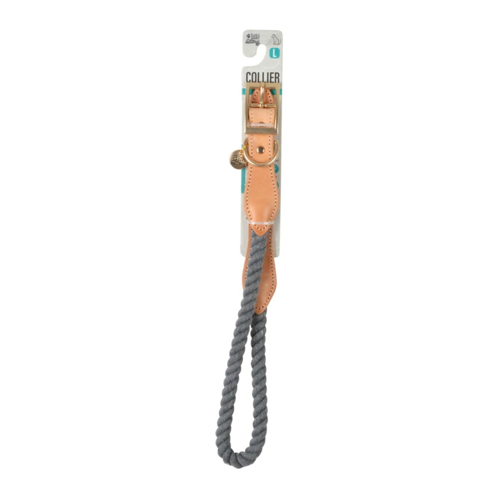 COLLAR AJUSTABLE MASCOTA CUERO-Y-ALGODON GRIS CUERDA