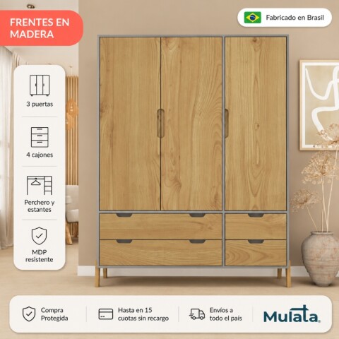 Ropero Armario de 3 Puertas, Perchero y 4 Cajones en MDP - Madera - Línea Melilla - Cinza Ropero Armario de 3 Puertas, Perchero y 4 Cajones en MDP - Madera - Línea Melilla - Cinza